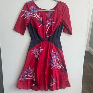 eShakti Red Floral Embroidered Fit & Flare Cotton Spandex Midi Dress